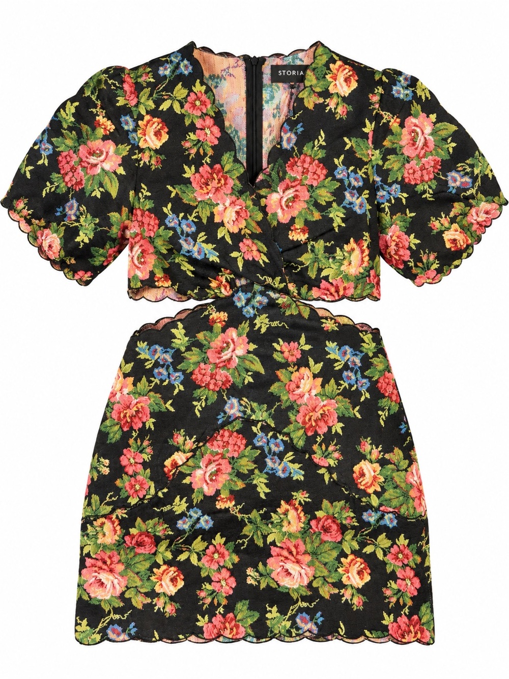 STORIA Size S Black Floral Jacquard Cutout Puff Sleeve Mini Dress NWT
